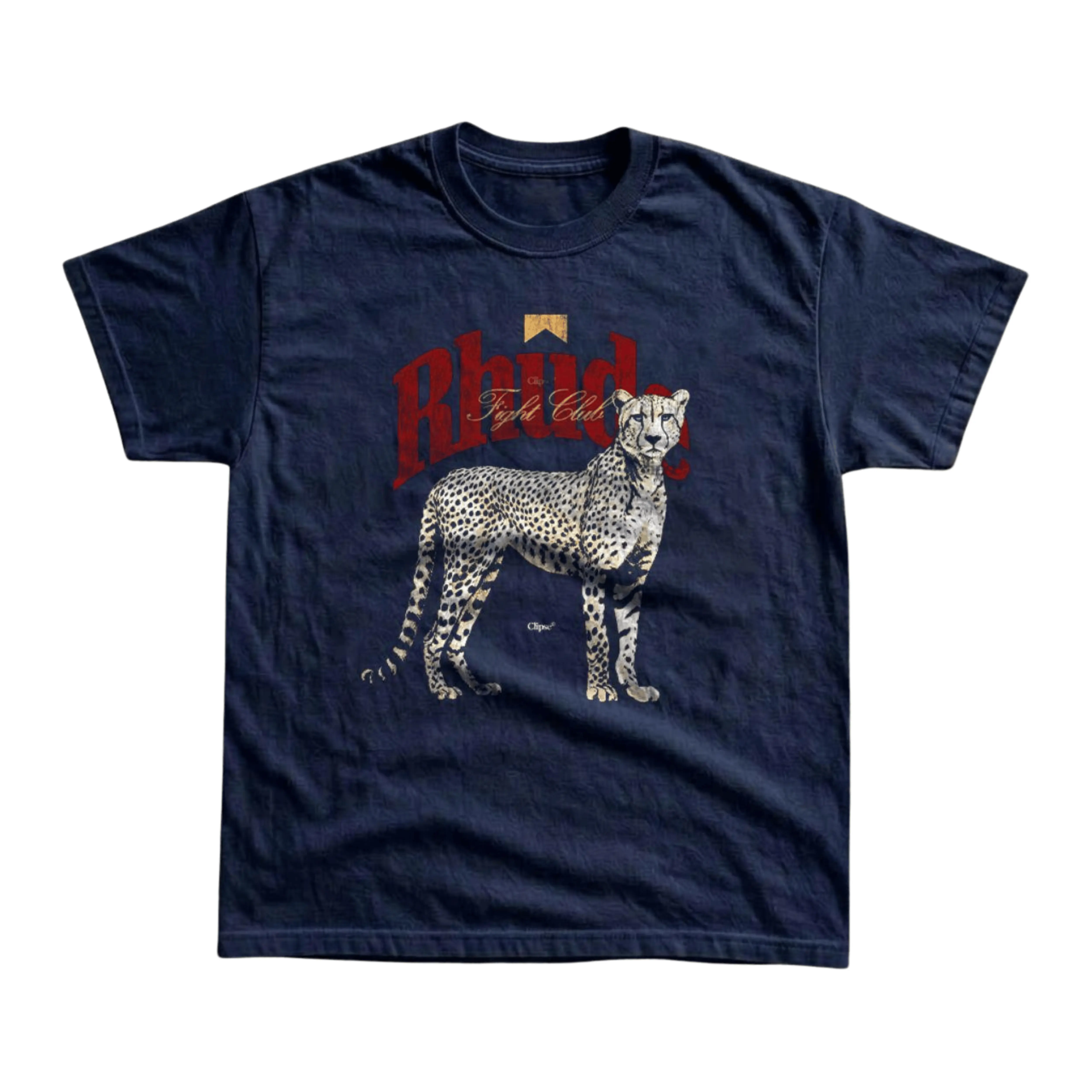 Gildan Men's and Women's T-Shirt, Vintage Style Rhude Fight Club Cheetah Graphic Tee, Distressed Leopard Wild Animal Art, Retro Navy Blue High Streetwear, Y2K Grunge Casual Outfit, Luxury Hip Hop Top, Cool Fashion Lover Gift