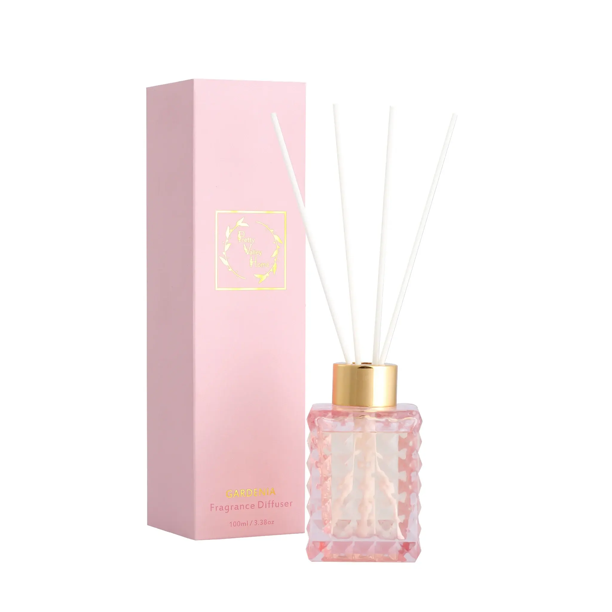 100ml Elegant Pink Geometric Faceted Glass Flameless Diffuser | Gardenia Scent | Comes with dried flower decorations, luxurious frosted gift box.