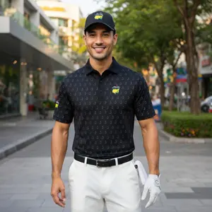 New Men's Black Masters Golf Polo Shirt – Printed Pattern, Relaxed Fit L3N