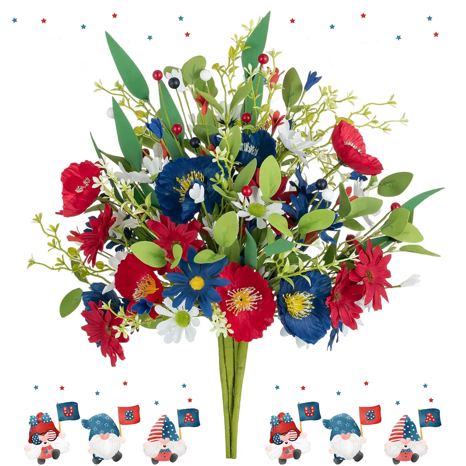 4th of July Independence Day Silk Plastic Decorative Ornaments - 4 Bundles Red White Blue Fake Flower Bouquets for Table Centerpieces, USA 250th Anniversary Home Office Floral Decor (Vase Not Included, Memorial Day Use)