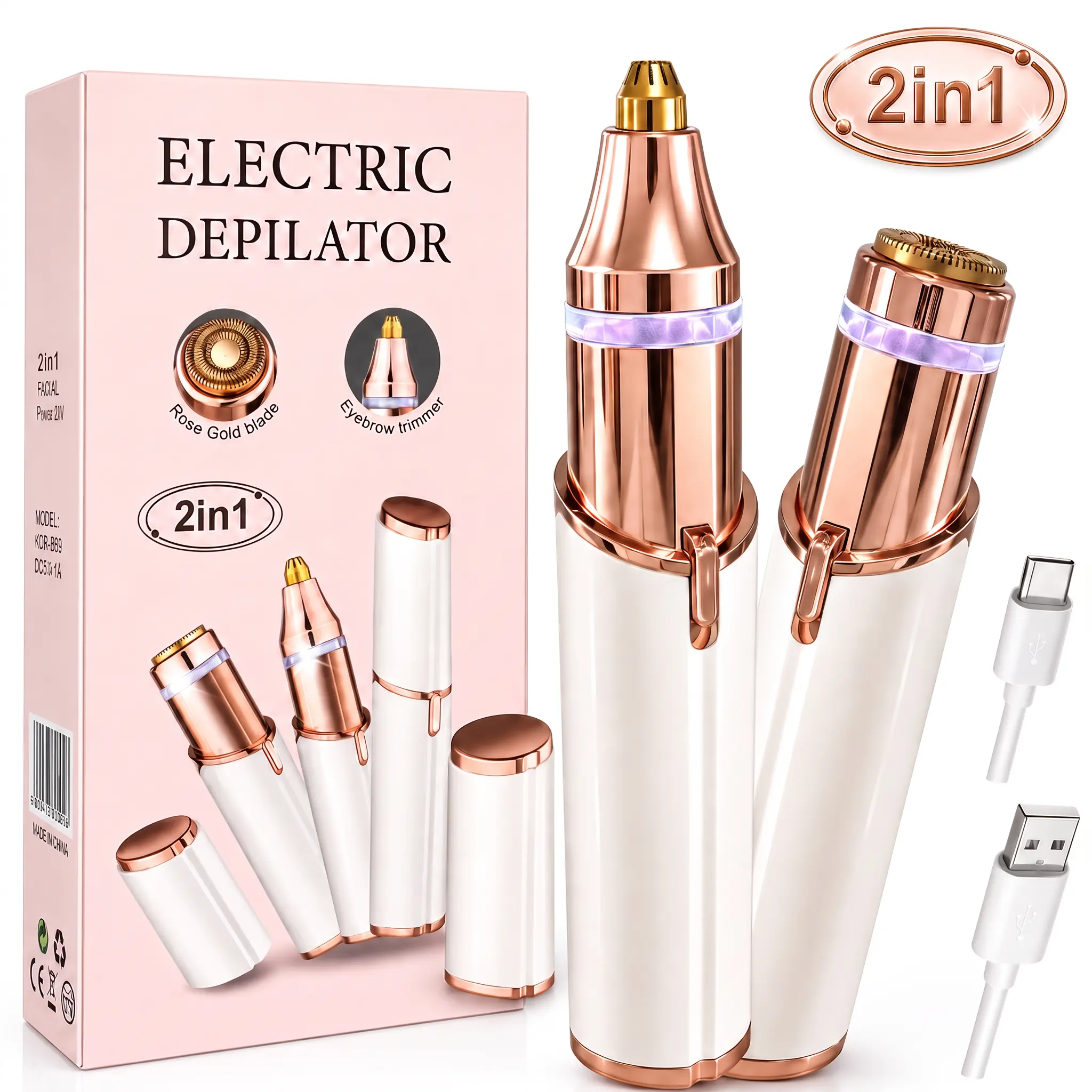 New Women's Electric Facial Hair Remover / 2-in-1 Eyebrow Trimmer, Built-in Light, USB Rechargeable, Cordless Use, Suitable for Lips, Chin, Underarms, Neck, Cheeks and Fine Peach Fuzz
