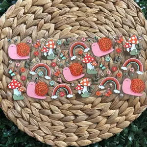 Mushroom Snail UVDTF Cup Wrap with Colorful Rainbows and Flowers Design