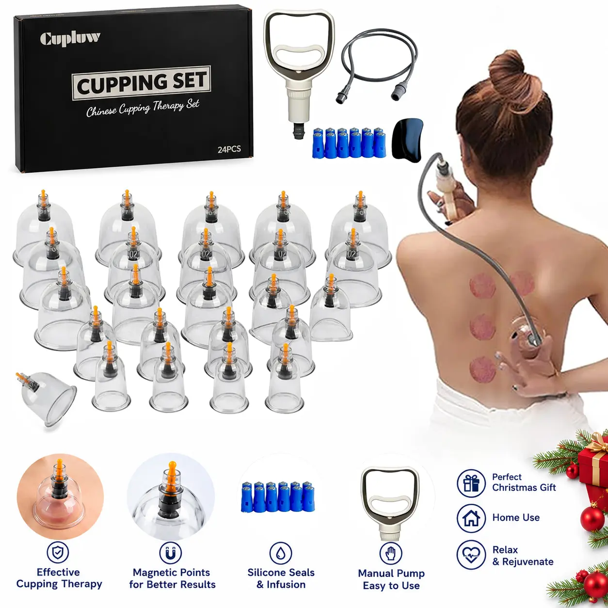 Professional Thick PS Chinese Cupping Kit - 24 Suction Cups, Multi-Size, 2.04" 2 U-Shaped Cups, Magnetic Points, Manual Pump, Silicone Seals/Infusion, Body Care Daily Home Spa Equipment for Fitness Lovers Muscle Therapy