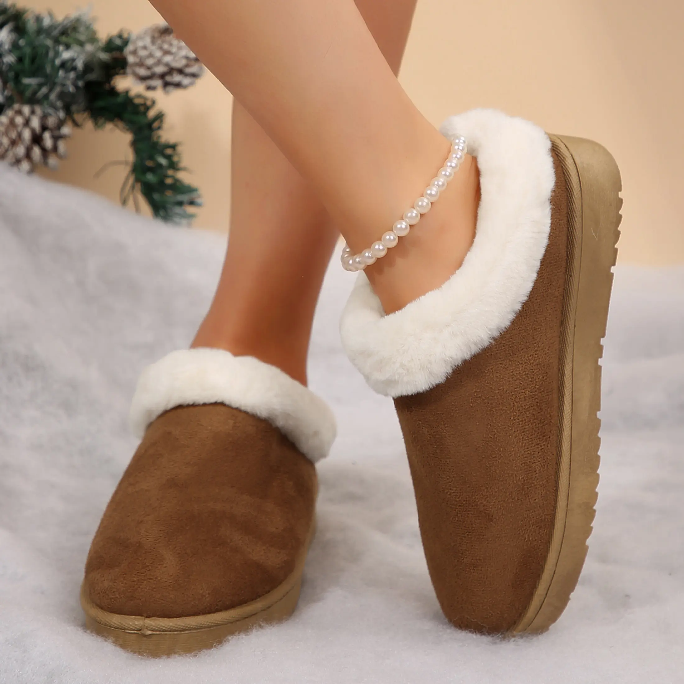 Women's Plush Lined Slipper Slides Cozy Warm Mini Snow Boots with Non-Slip Sole Indoor Outdoor Shoes