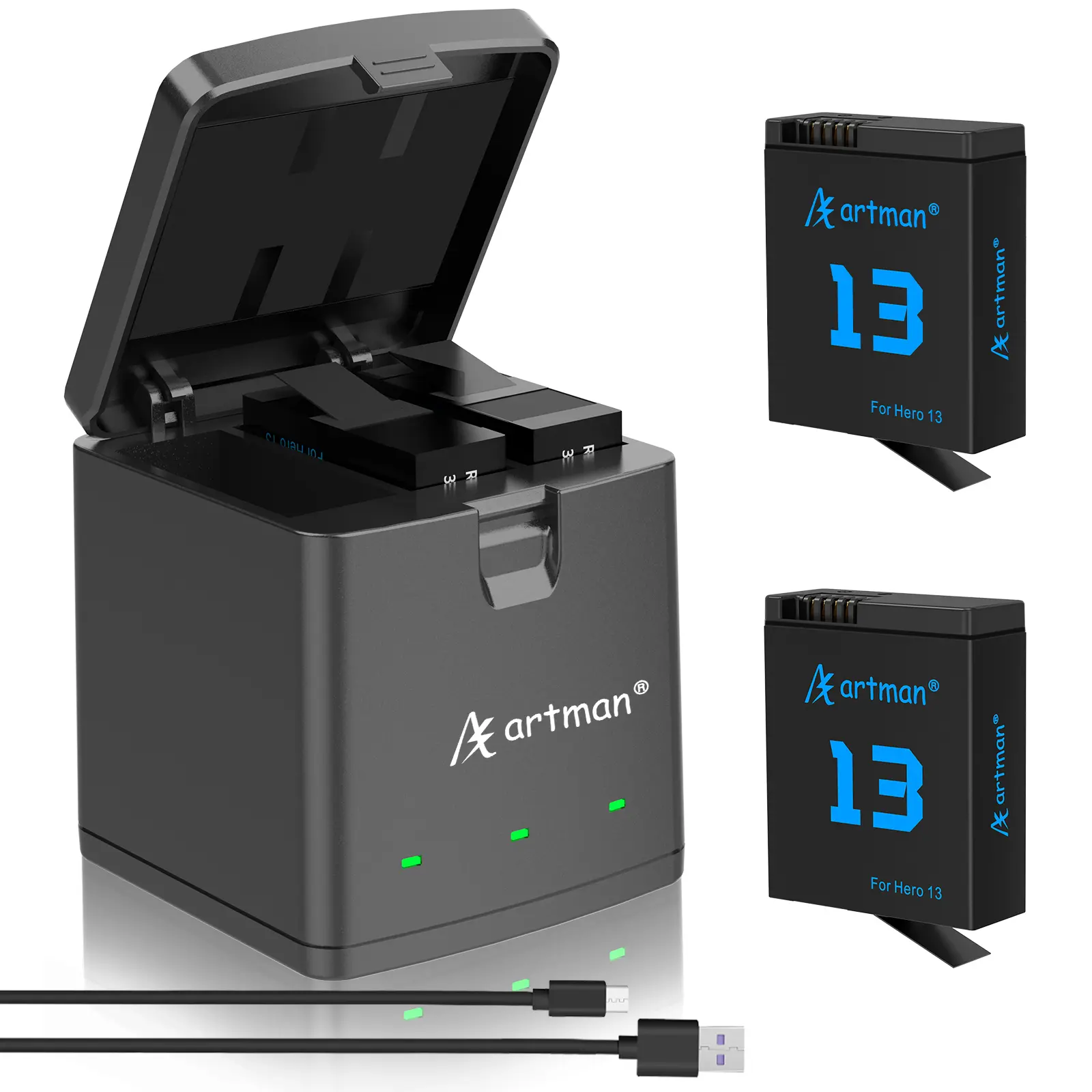 Artman 2-Pack 2100mAh Replacement Batteries & 3-Channel LED USB Charger, Fully Compatible with GoPro Hero13 Black Camera, Camera Accessories