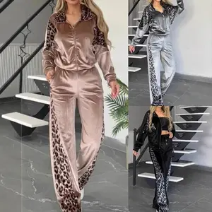 2025 latest leopard print contrasting trousers long-sleeved loungewear suit
