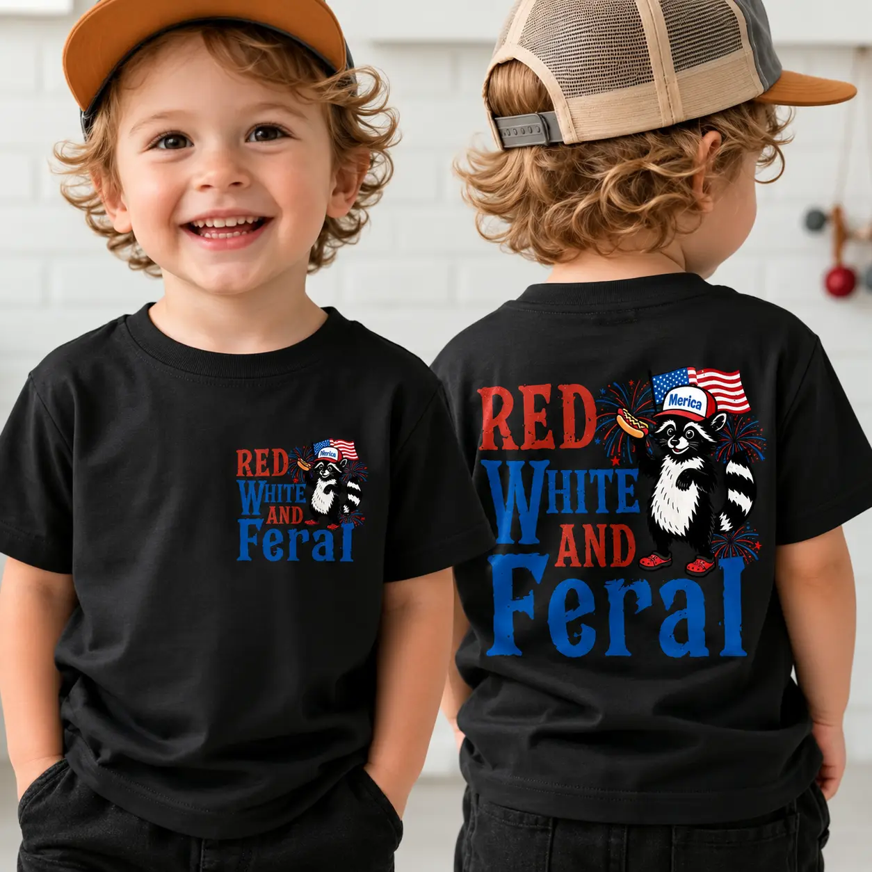 4th of July Kids 100% Cotton T-Shirt, Red White and Feral Raccoon Graphic Tee for Boys Girls, Patriotic Toddler Shirt, Independence Day Outfit, Summer Crewneck Top, USA Flag Clothes, 3 Designs, Sizes 2-10Y