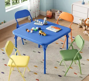 Foldable Table & Chair Set, Upholstered Square  Table & Soft PU Chairs , Portable Activity Furniture for Home, , Blue, 5Pcs