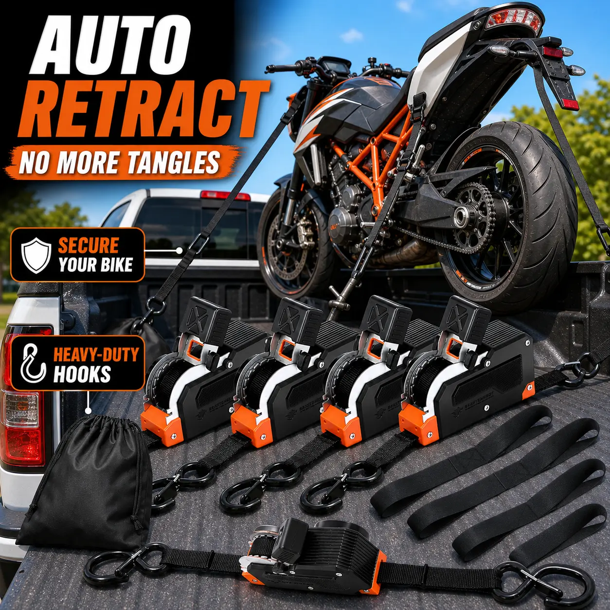 Heavy duty retractable straps securing a motorcycle