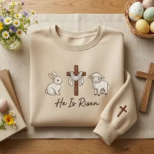 [MADE IN US] Embroidered He Is Risen Sweatshirt, Christian Easter Shirt, Lamb Crown of Thorn Jesus Crewneck, Religious Bible Verses Tee