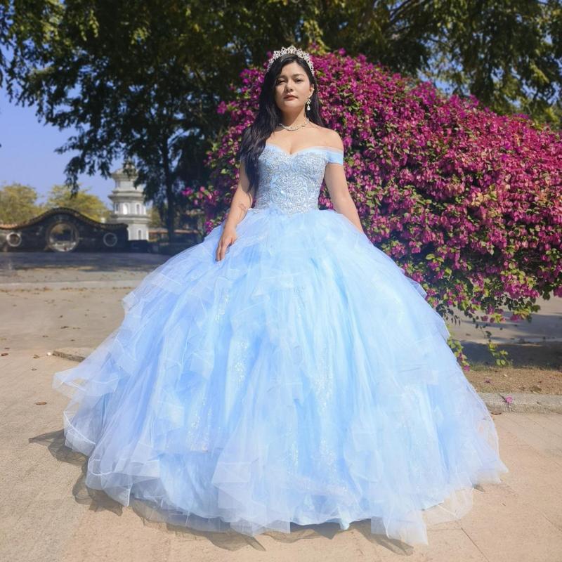NO.27 Sequined Patterned Glitter Net Quinceañera Dress with Tulle Flounces Design On Skirt L.blue Blush Champagne Ball Gown Dress