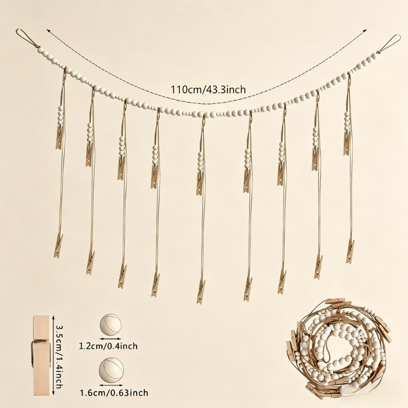 Boho Photo Display String, 4ft Wooden Bead Garland with 9 Clips, Hanging Picture Collage Decor for Cubicle, Dorm, Nursery, Rustic Bedroom & Office