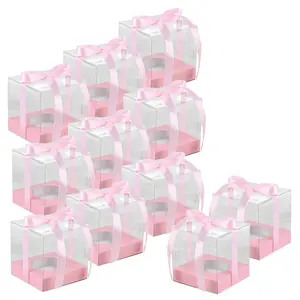 Mini Cake Boxes 3.54x3.54x3.54 inch Clear Cupcake Holder with Lid for Easy Transport Storage, Stackable Clear Cupcake Carriers, Reusable Dessert Boxes With Ribbon（Red/Pink）