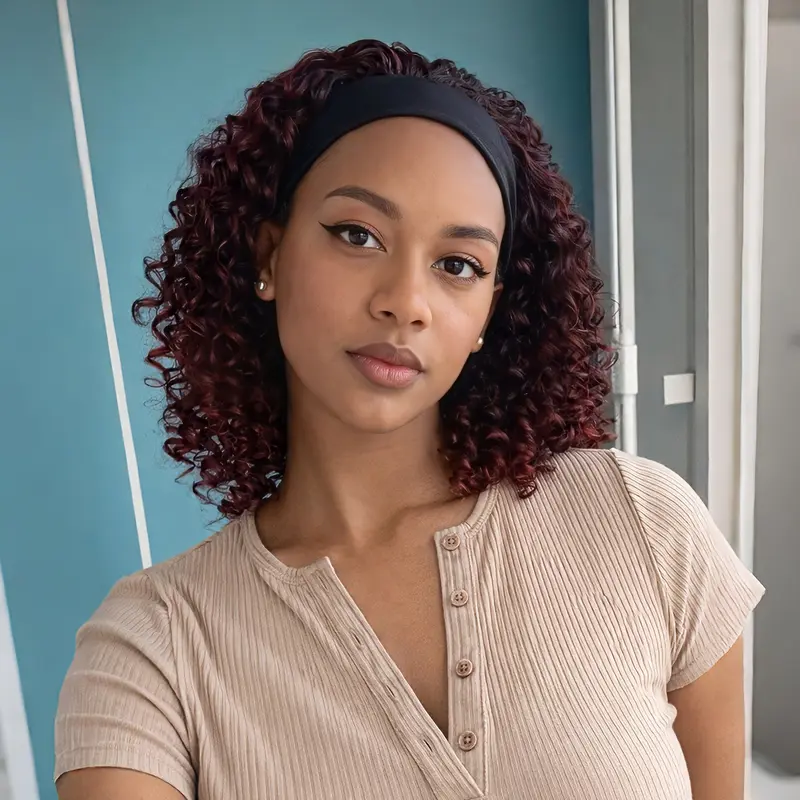 Women's 14 in Synthetic Glueless Headband Wig - Bob Shoulder Length Deep Wave, Glueless Fit for Quick Clean Wear, Heat Resistant, Adds Volume, Synthetic Curly Wavy Full Machine Wig for Daily Use
