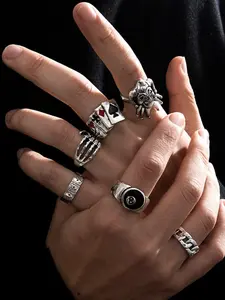 Vintage Gothic Jewelry Series, 6 Piece Set, Includes Spade Heart Smiley Rings, Alloy Material, Punk Hip Hop Style, Vintage Stack