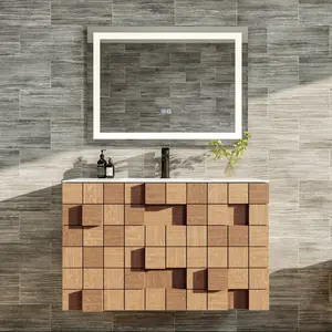 Mosaic 33 in. Natural Oak Wall Mount Single Sink Bath Vanity with Solid Surface Top and Integrated Sink