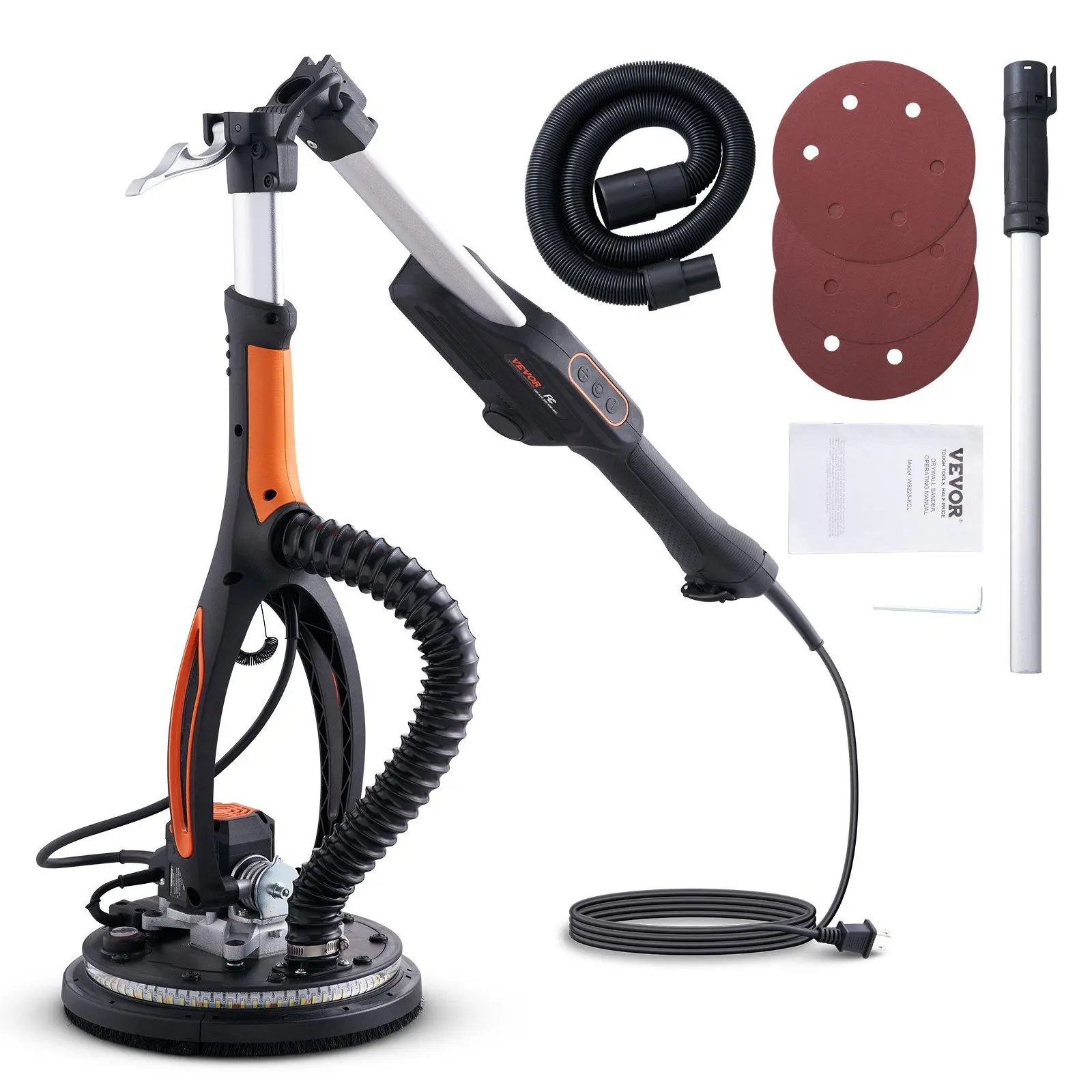 【Back to School】VEVOR Drywall Sander (Dust Bag Not Included) - 800W Brushless Motor Power Tool, 1000-2300 RPM Variable Speed Portable Orbital Polisher, Foldable Ceiling Sander with Double-Deck LED Lights, Extendable Handle, 12 Discs, Hardware DIY Tool Kit