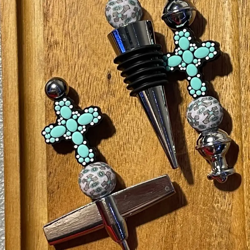 Barware Accessory Gift Sets with Bottle Opener Cork and Wine Corkscrew Featuring Turquoise Cross Design