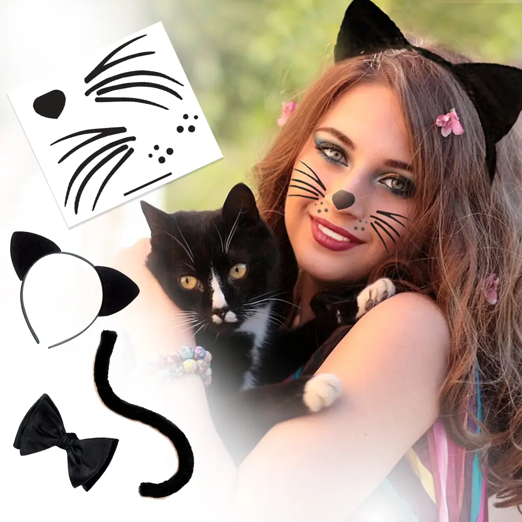 Fashiontats Cat Style Kit Temporary Tattoos with Whisker & Nose Tattoos Cat Ears & Tail Made in USA Skin Safe Removable