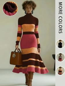 elegant women's knit dress, high neck long sleeve mermaid tail design, colorblock patchwork, single wear or layering, fall winter fashion casual wear