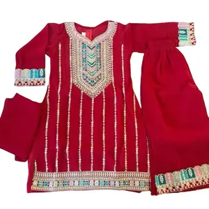 Deep Maroon Red Base Georgette 3pcs Salwar Kameez 24-34 with Colorful Embellishments and Matching Pants