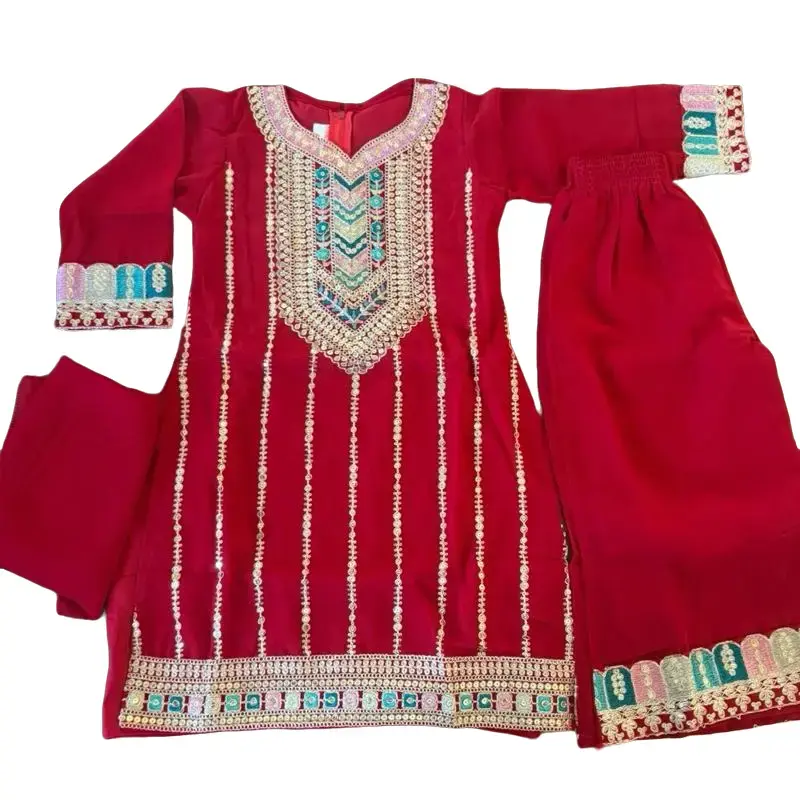 Deep Maroon Red Base Georgette 3pcs Salwar Kameez 24-34 with Colorful Embellishments and Matching Pants