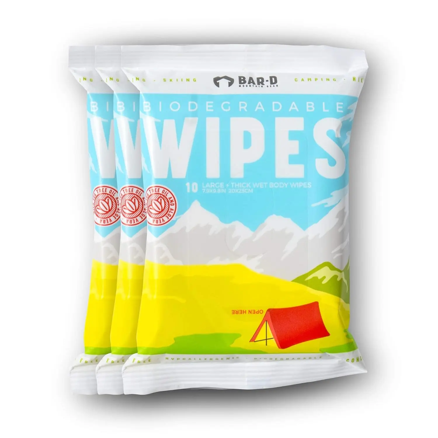 Bar-D Biodegradable Body Wipes with Tea Tree Oil & Aloe Vera - Refreshing Shower Wipes Great for Camping, Hiking, Post Workout and Travel (3-Pack, 10 Wipes/Pack) Bar-D Mountain Gear