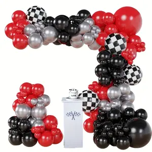 114pcs/93pcs Racing theme balloons Arch wreath set red, black and metal silver latex balloons, formula grid and large tire foil balloons for birthday and theme wedding party decoration