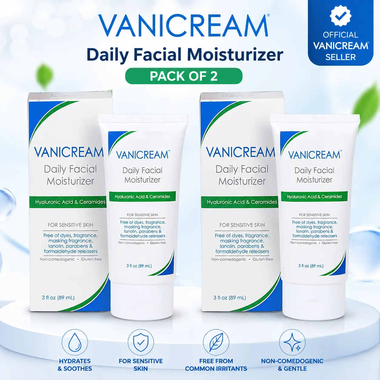 Vanicream Daily Facial Moisturizer With Ceramides and Hyaluronic Acid - Formulated Without Common Irritants for Those with Sensitive Skin, 3 fl oz (Pack of 2)
