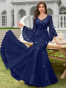 Miusol 24351A Women's Deep V Neck Sequin Floral Lace Mesh Tulle Hem Formal Evening Maxi Dress Navy Blue Elegant Design for Cocktail Parties & Evening Proms Winter wedding guest dress