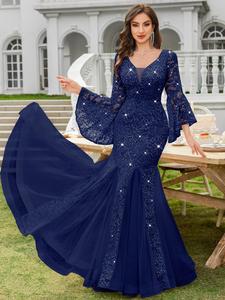 Miusol 24351A Women's Elegant Pull-On Deep V-Neck Ruched Ruffle Sequin Floral Lace Mesh Tulle Hem Formal Evening Maxi Dress - Elegant, Formal, Embellished Styles for Wedding Guests, Elegant Dresses For Women