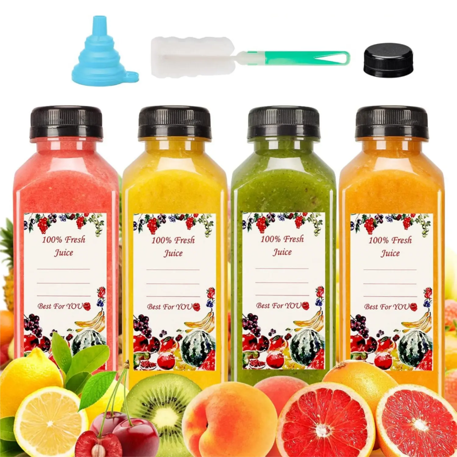 20-Pack 16oz Refillable Durable Plastic Material Juice Storage Bottles with Anti-Drip Caps, Label-Ready Labels, Funnel & Brush - Kitchen Drink Containers for Juicing, Class, Picnic