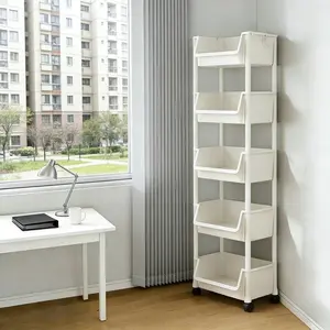 5 Layer Multi-Functional Plastic Storage Cart with Wheels, Stackable Shelving Organizer for Bedroom Kitchen Bathroom Living Room, Easy Assembly, Mobile Convenience
