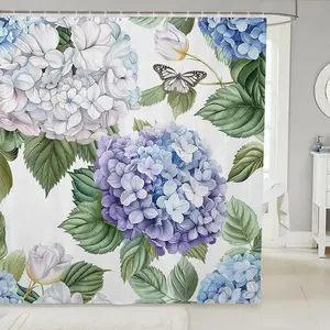 Feelyou Washable Hydrangea Shower Curtain, 3D Blooming Flowers Garden Plants Design, Water.-.-Watercolor Gradient Floral Style with Wild Butterfly Print for Girls, Includes 12 Hooks, Summer Vibes Shower Curtains