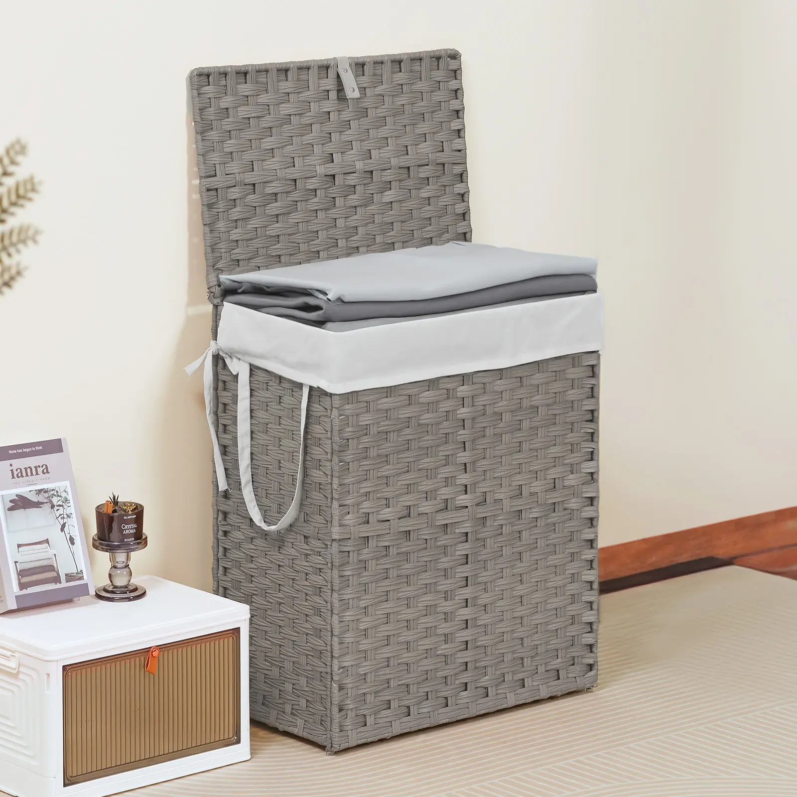 Laundry Basket with Lid, 90 L Hand-Woven Pp Rattan Laundry Basket with Handles, Foldable, Removable Liner