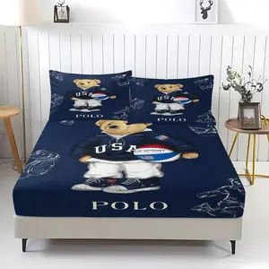 USA Bear Fitted Sheet Set, 3-Piece (1 Fitted Sheet + 2 Pillowcases) Soft Microfiber Bedding, Classic Navy Blue Design – Perfect Gift for Preppy Style Lovers