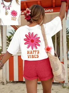 Women's Happy Vibes Flower Graphic Oversized T Shirt, Cute Floral Print 2 Sided Casual Short Sleeve Top, Y2K Boho Aesthetic Tee, Perfect for Vacation, Daily Wear, Coffee Date #springsaledeals2026 #summeroutfits #tiktokshopmademebuyit #happyvibes