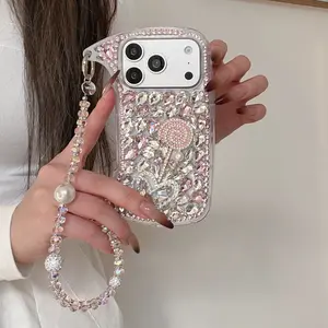 Iridescent Diamond Decor Armpit Bag Case for iPhone14/15/16, Smartphone Accessories, Pink Tone/Colorful Styles, Full Rhinestone Pearl Coverage, Diamond Chain Armpit Strap, Shockproof Scratch-Resistant, Shopping Date Sparkling Bag-Case Integrated Style