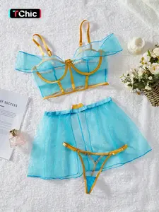 Women's Contrast Mesh Sheer Lingerie Three-piece Set, Adjustable Contrast Binding Top & Thong & Mesh Skirt Set, Lingerie Set for Women