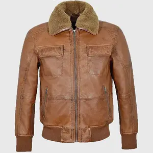 Men's Cognac Pilot Shearling Leather Bomber Jacket