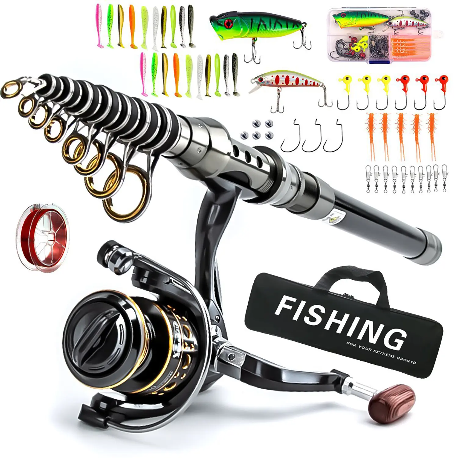 6.89FT/2.1M Fishing Pole Kit, Carbon Fiber Telescopic Fishing Rod and Reel Combo with Spinning Reel, Line, Bionic Bait, Hooks and Carrier Bag, Fishing Gear Set for Beginner Adults