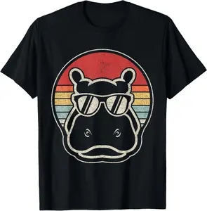 Retro Vintage Hippo Hippopotamus Sunglass T-Shirt Pure Cotton Graphic Tees Menswear Top: Gifts for Men & Women