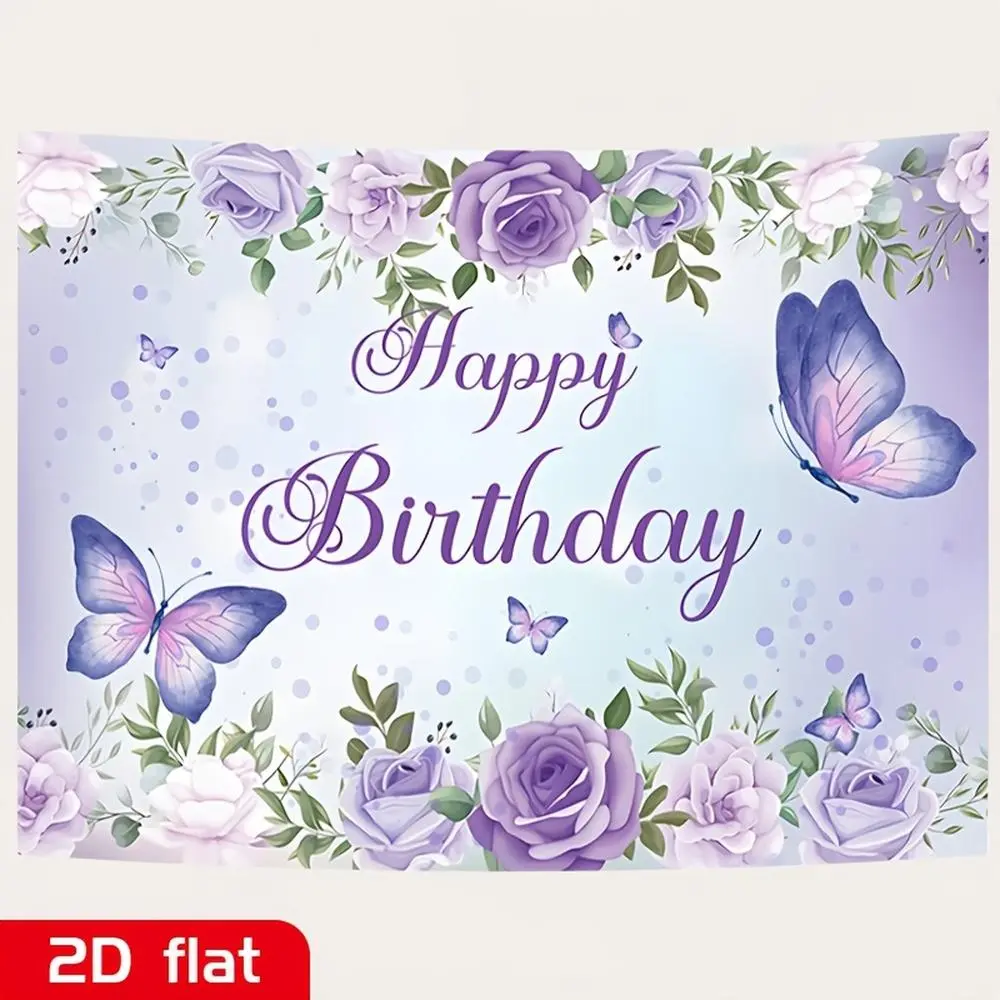 Reusable 2D Flat Lavender Rose Flower Banner - Polyester Party Backdrop with Pastel Butterflies, Soft Green Leaves, Gentle Purple Tones for Happy Birthday Indoor, Outdoor Decorations