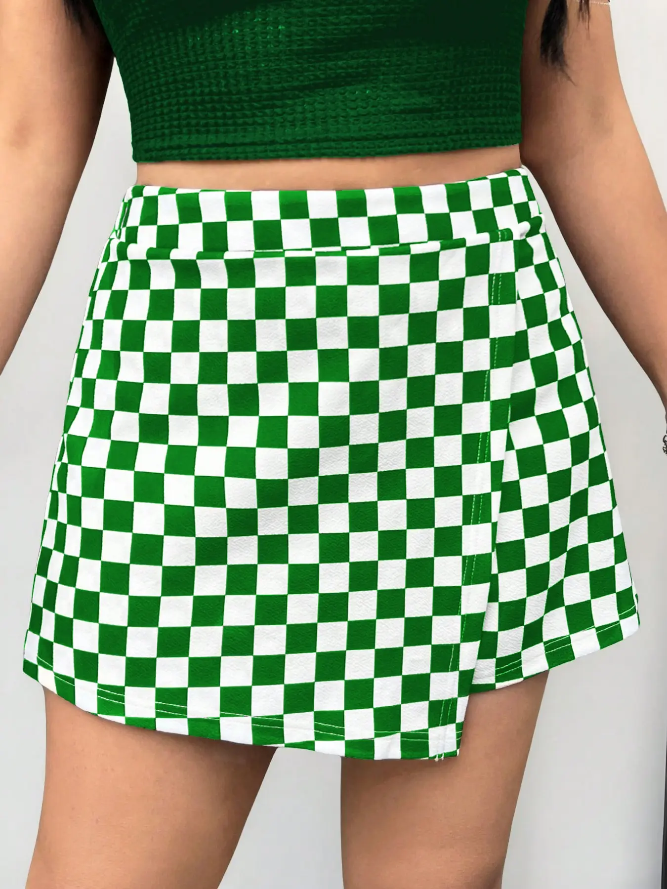 Women's Plus Size Curvy Casual Comfortable Elegant Feminine Chic Flowy Short Skirt Pants Bottom, Plaid Leopard Solid Gingham Prints, Breathable High Waist Elastic Waist, Two-Piece Design, Beach Summer Fashion
