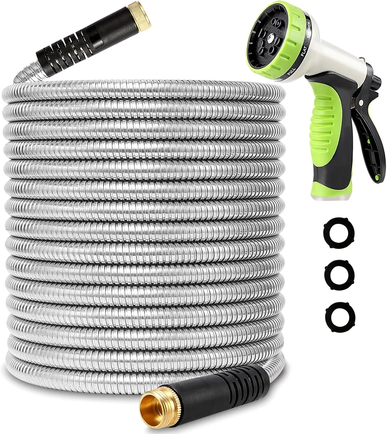 Flexible Metal Garden Hose 25ft-Heavy Duty Water Hose with Durable 304 Stainless Steel and 10 Way Spray Nozzle- 3/4'' Solid Brass Fitting-Outdoor Yard No Kink Lightweight Short Hose Pipe