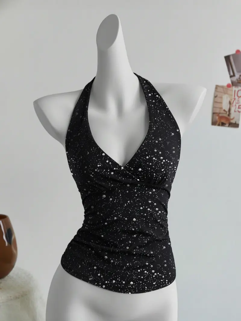 black rhinetsone halter neck top - TikTok Shop