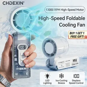 Turbo Fan Transparent Mecha Style 100-Speed Handheld Cooling Fan Foldable LED Digital Display