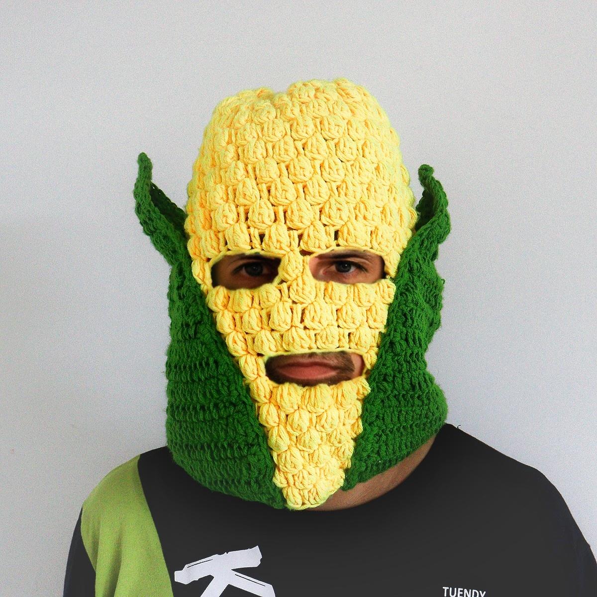 Handmade Crochet Corn Balaclava with Leaves, Funny Vegetable Ski Mask for Winter, Novelty Yellow Full Face Beanie, Y2K Silly Food Meme Hat, Viral Unique Gift for Men & Women