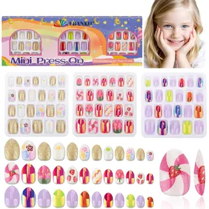 72 Pieces Press on Nails for Kids, EBANKU 3 Pack Kid Fake Nail Kit Pink Purple Gold Strawberry Flower Press on Nails for girls 8-12 Years with Jelly Nail Adhesives Mommy & Me Valentine Nails Kit