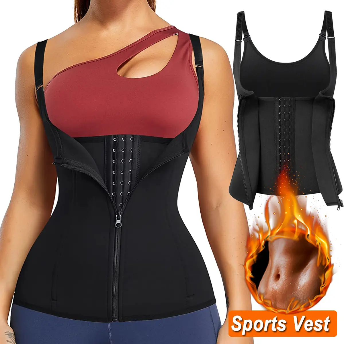 Women's Tummy Control Waist Trainer, Polyester Spandex Compression Vest with Zipper & Hook Closure, Sportswear Shapewear Tank Top, Waist Trainers, Abdominal Belt, Body Shaping Support Shapewear Tops